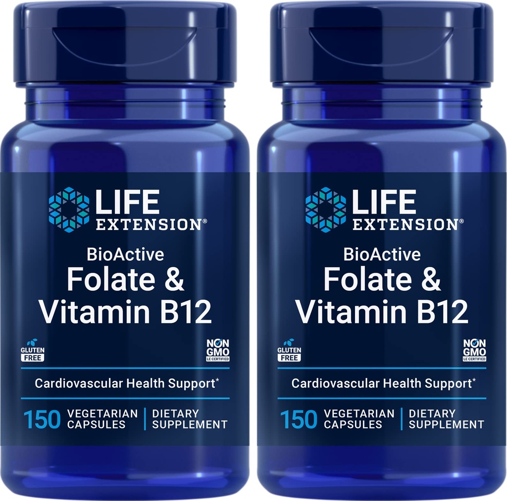 Life Extension BioActive Folat & Vitamin B12, 150 Vegetarijanske kapsule (paket po 2), ne gensko spremenjeni, brez glutena