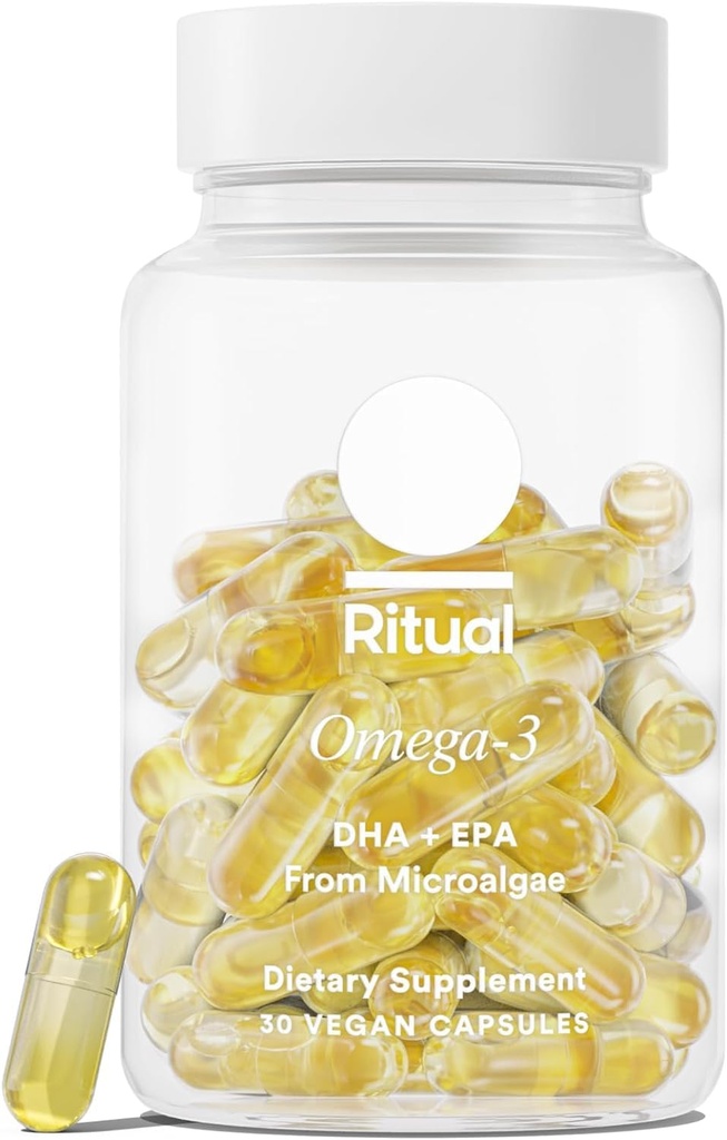 Ritual Omega 3 - Vegan - znanstveno podprti odmerek DHA & EPA maščobnih kislin v 2:1 Razmerje, Biorazpoložljivo, Brain and Heart Health Support, Minimal Burp-Back, Trajno izvorne mikroalge, 30 dnevna dobava