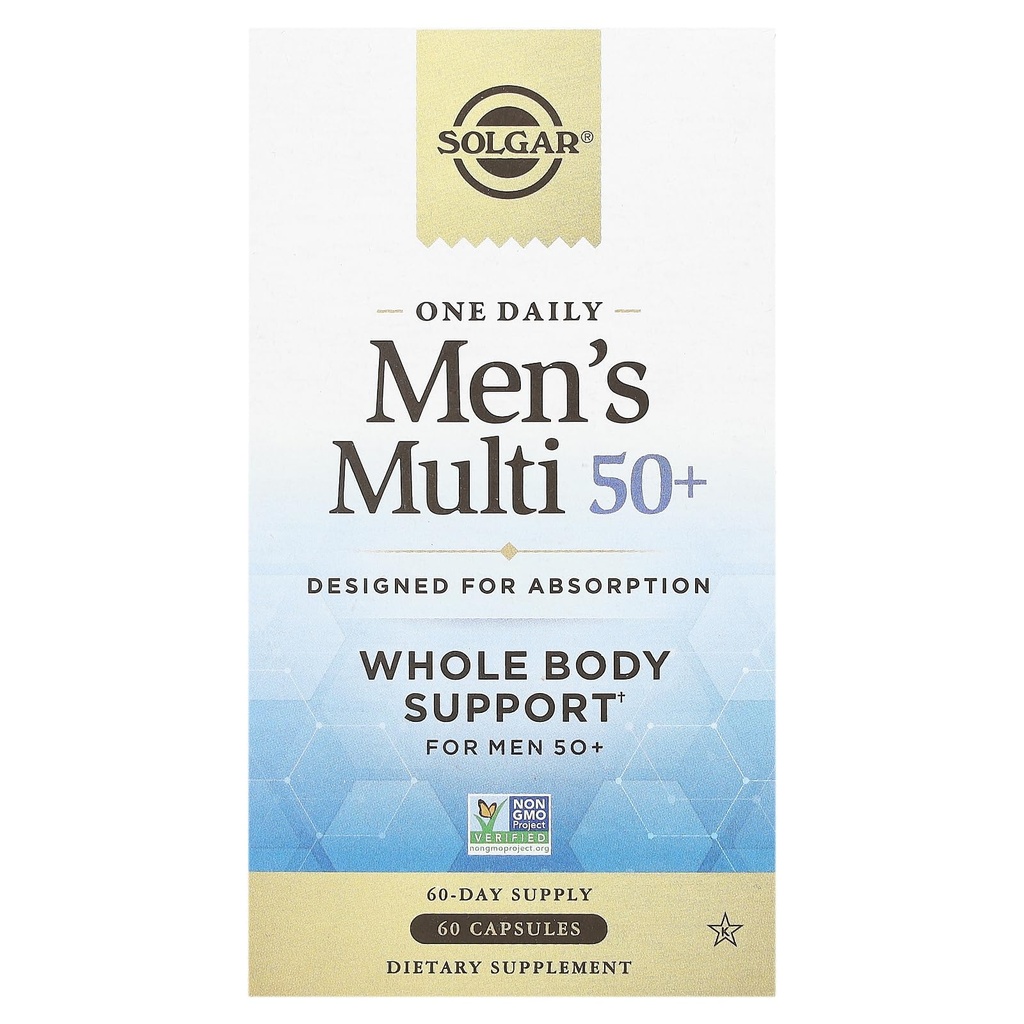Solgar One Daily Men's Multi 50+ Celotna podpora za telo za moške 50 in starejši zelo težko zapoznelo sproščanje srce, energija, stres, mišice, kosti, prostate podpora Vitamin 60 Veganske kapsule, 60 Servings