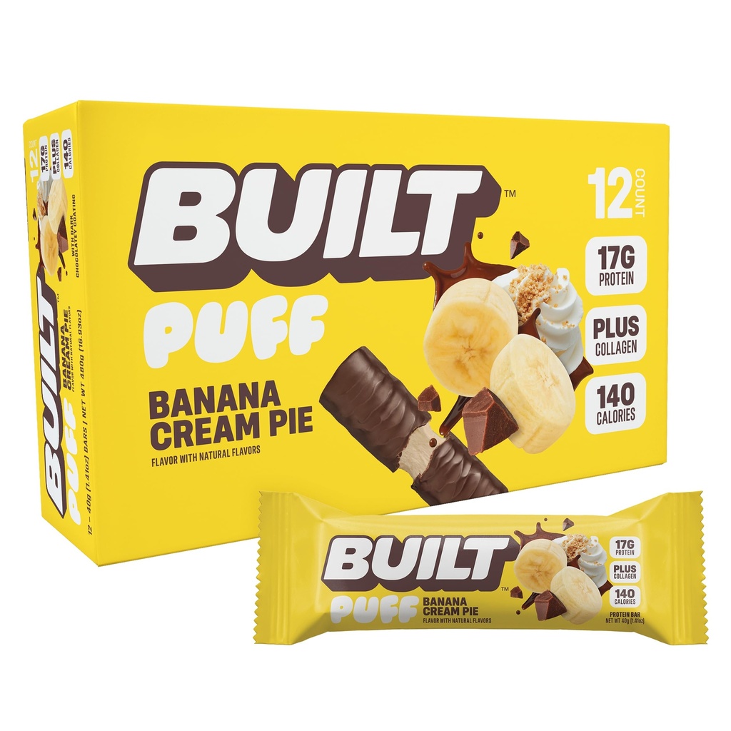 Zgrajena bar, Puff Protein Bars, Banana Cream Pie Puff, 17g beljakovinski prigrizki, On-The-Go Bars, samo 140 kalorij, 6g sladkorja, Collagen, Gluten Free, 12 Število