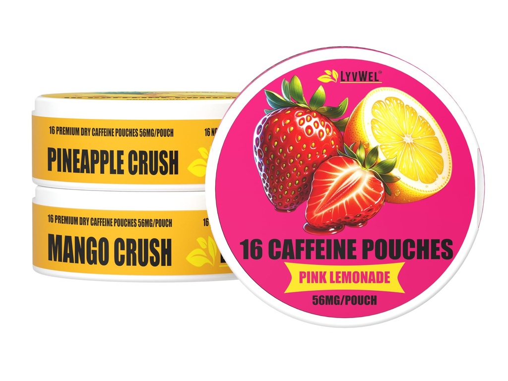 LyvWel 56mg Kofeinske energetske vrečke – rožnata limonada, Ananasov zdrob, Mango Crush – Fruity Clean Energy & Focus Boost z Guarana – 3-pak vzorčevalnik (48 Total Pouches)