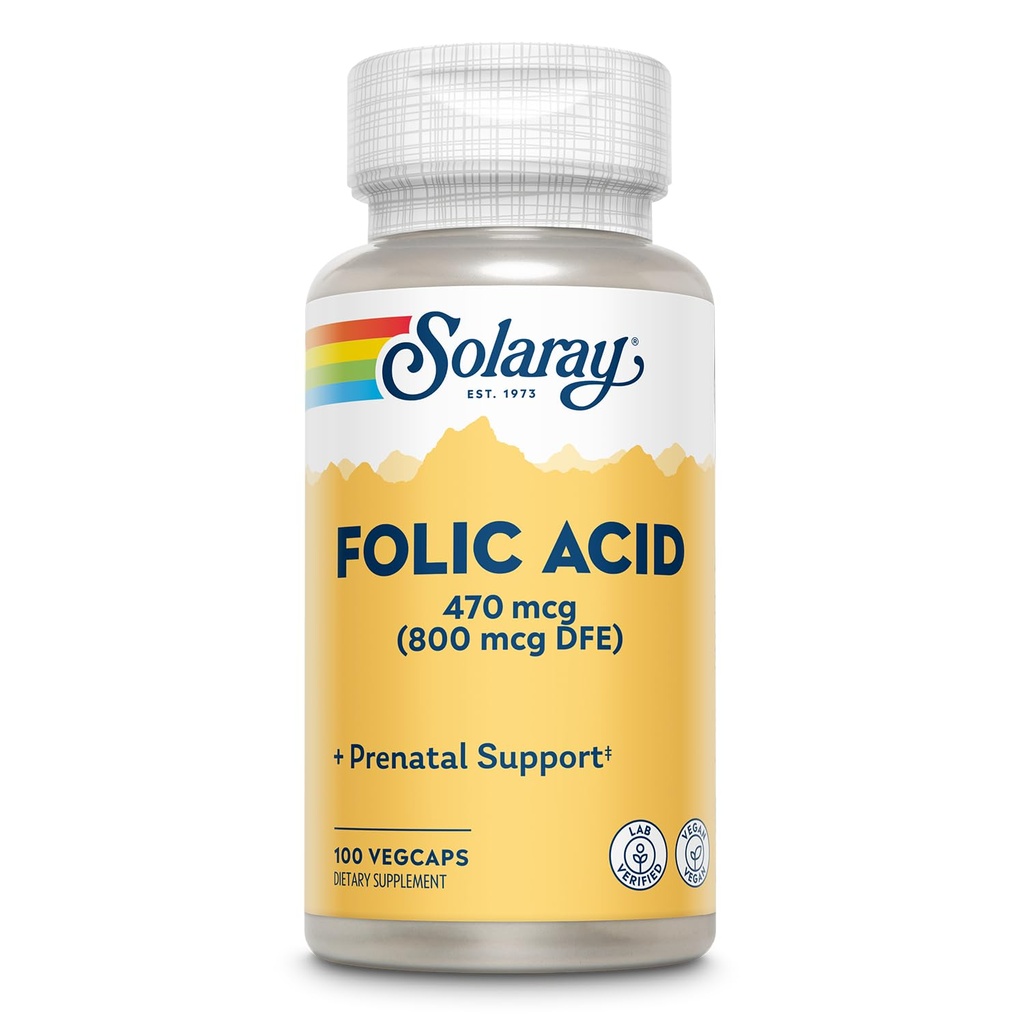 SOLARAY Folna kislina - Vitamin B9 Folna kislina dodatek, Prenatal Vitamin - Podpora za razvoj krvnih celic - Vegan, Lab preverjeno, 60-dnevni garancija - 100 Serving, 100 VegCaps