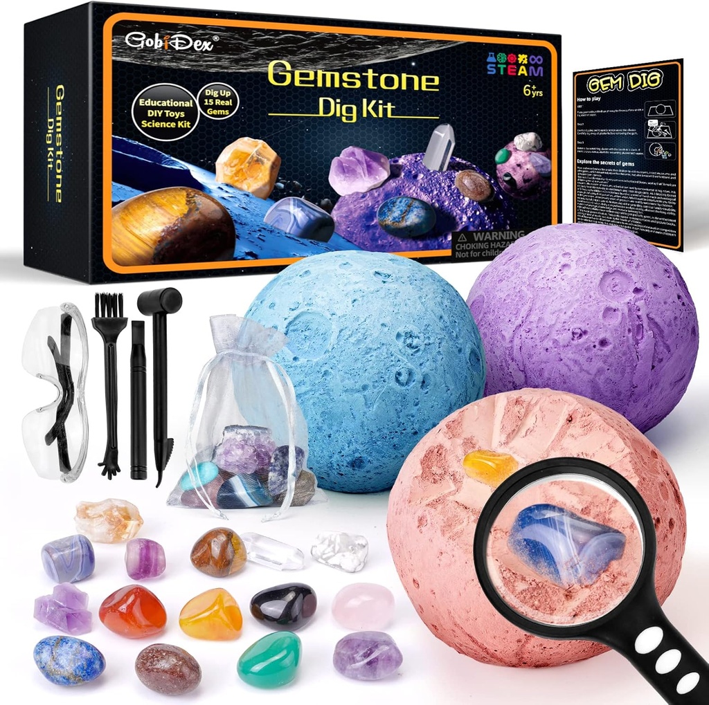 GobiDex Gemstones Dig Kit, Solar System Science Kit za otroke, Excavate 15 Real Gems, STEM Izobraževalni prostor Igrače Planet Zbirka Kit, Arheologija Geologija Znanost Projekti Darilo za fante in dekleta Starost 6+