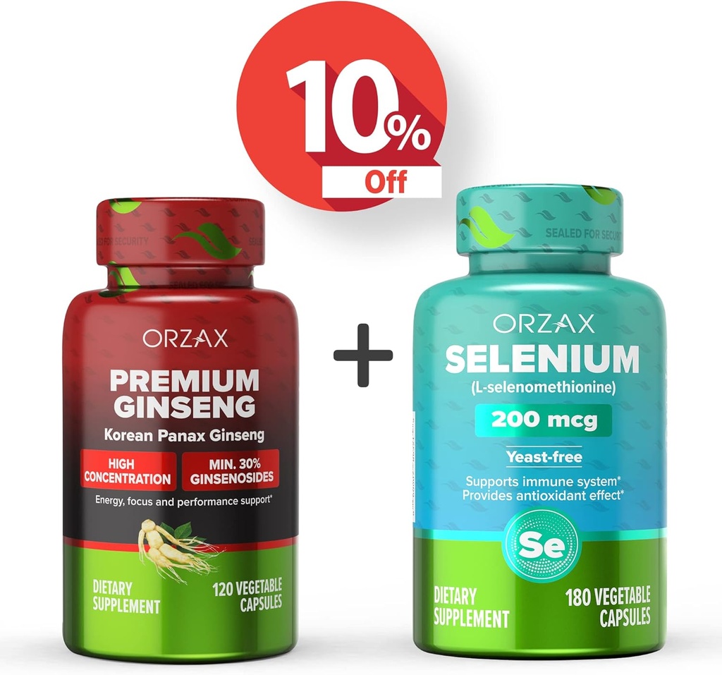 ORZAX Premium Ginseng 120 Vegabilne kapsule in Selen 200 Mg 180 Vegabilne kapsule, paket