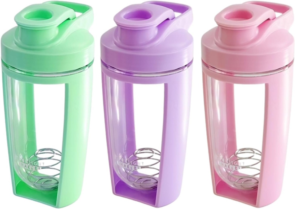 Moonlight Makers Garnitura 3 Cute 16oz Protein Shaker steklenica, Jekleni viski kroglica - Odporen, Pomivalni stroj Safe Gym steklenica, Shaker skodelice za stresanje beljakovin, Preworkout pijače Mixer Cup - roza, zelena, vijolična
