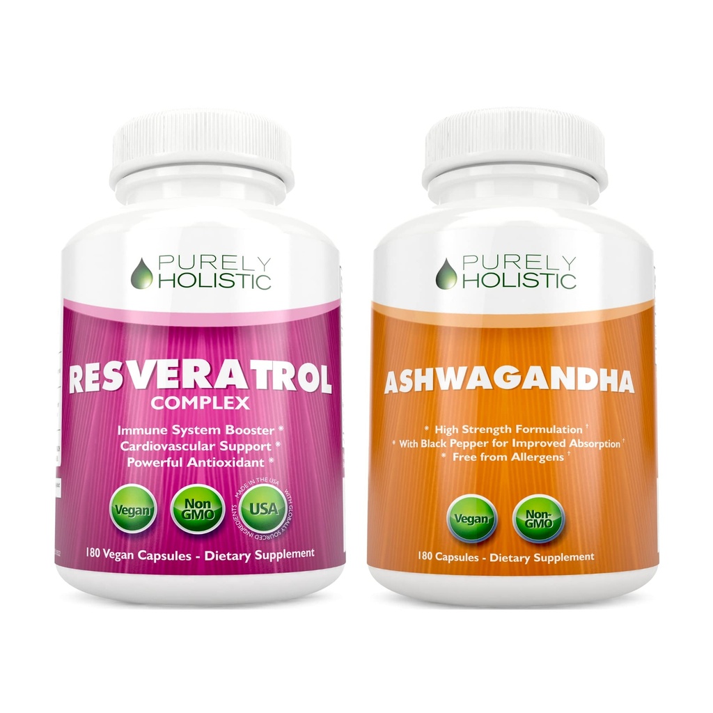 Čisto holistični Resveratrol 1450mg + organski Ashwagandha 1300mg & črni poper - Veganski strnad - 180 + 180 Kapsule - pakirane z močnimi antioksidanti - Izdelano v ZDA