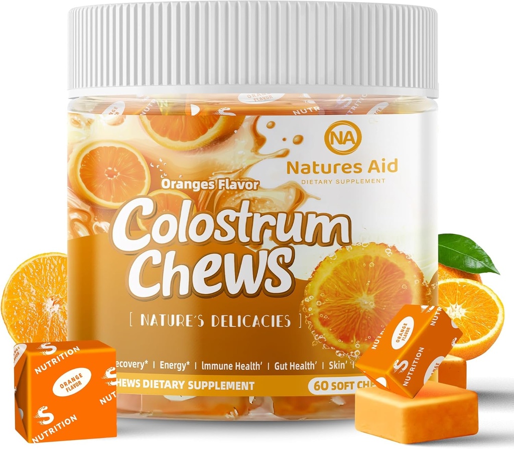 Kolostrum žveči dopolnilo s probiotiki za črevesno zdravje, napihnjenost, imunske podpore, kožo, rast las in lepoto - oranžna aroma (60 strežnice)