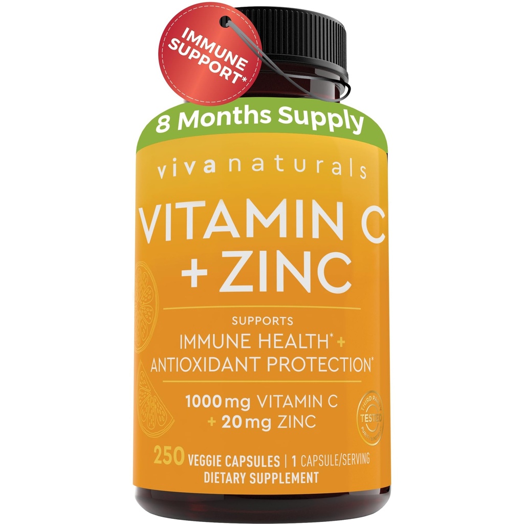 Viva Naturals Vitamin C in Cinkov dodatki 1000mg - cink 20mg (250 Veggie kapsule) - Visokopotezne in vitamin C z cinkom za imuno podporo - Non-GMO, Gluten brezplačno (8 mesecev dobave)