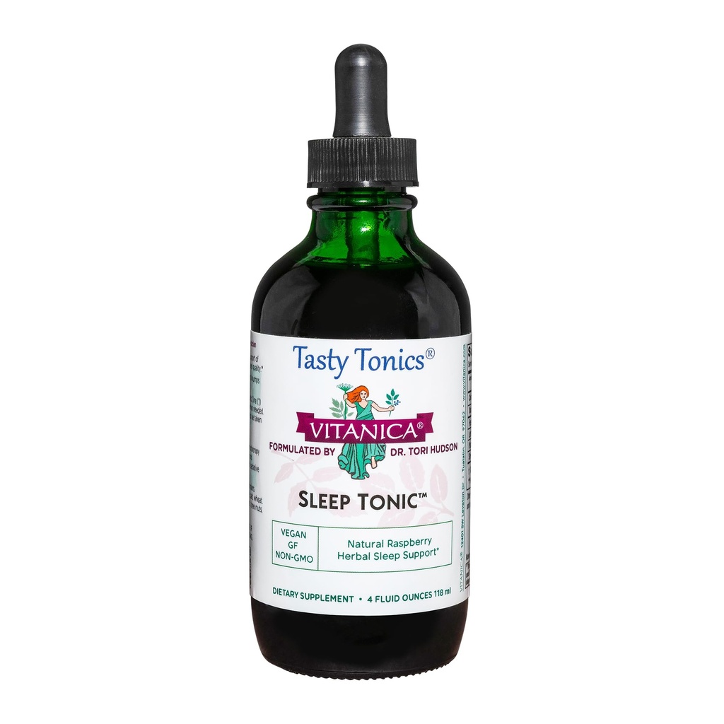 Vitanica Sleep Tonic, Natural Liquid Aid Supplement, Dr. Oblikovano, Sprostitev in mirno podporo za odrasle, Stress Relief, Valerian Root, Lemon Balm, Passion Flower, Vegan, 4 Ounce