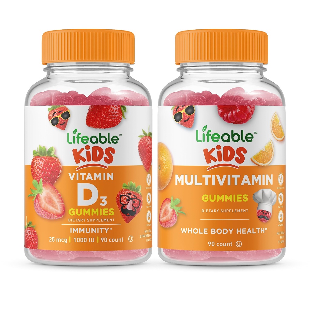 Življenjski vitamin D otroci + multivitaminski otroci, Gummies Bundle - odličen okus, Vitamin dodatek, Gluten brezplačno, GSO brezplačno, Žvečljivi gumi