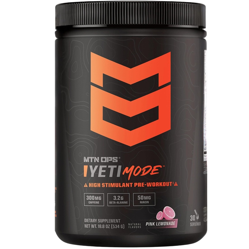 MTN OPS Yeti Mode Pre-World Powder - eksplozivni visokostimulant s 300 mg kofeina, kreatin monohidrata, beta-alanina in 45 mg Niacin - roza limonada aroma v 30 Serving Tub