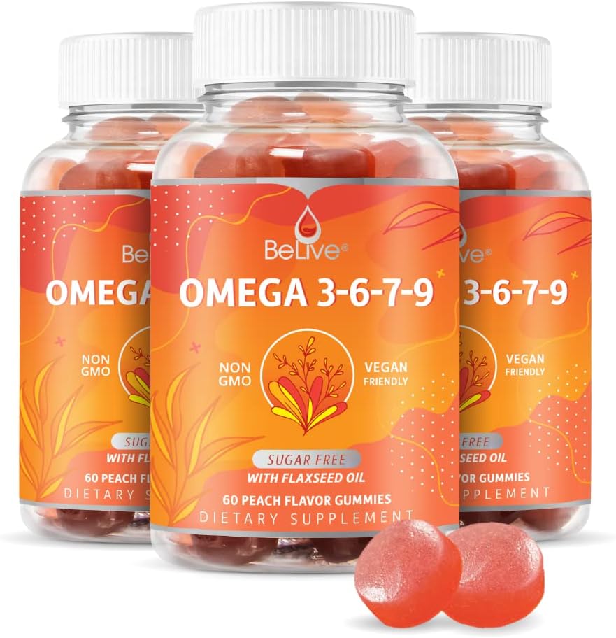 BeLive Organic Omega 3 Gummies - Omega 3 6 9 7 DHA & EPA iz Laneno olje & Sea Buckthorn Sadno olje, Vegan, za otroke in odrasle, polno telo, Brain & Eye podporo, sladkor brez – Breskev 