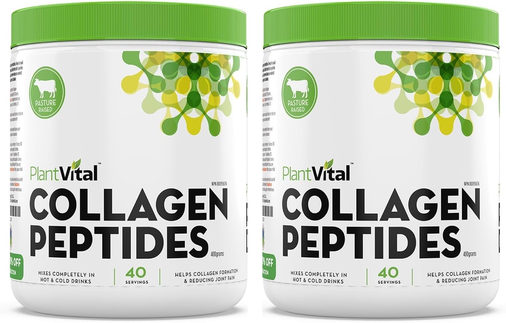 Plantvital Pure Collagen Peptides Powder - 100% Grass feed Kolagen Powder - Non-GMO, Paleo prijazno - Raztapljanje, Unflavored, Made in USA. 40 Servings 400g - Pack po 2