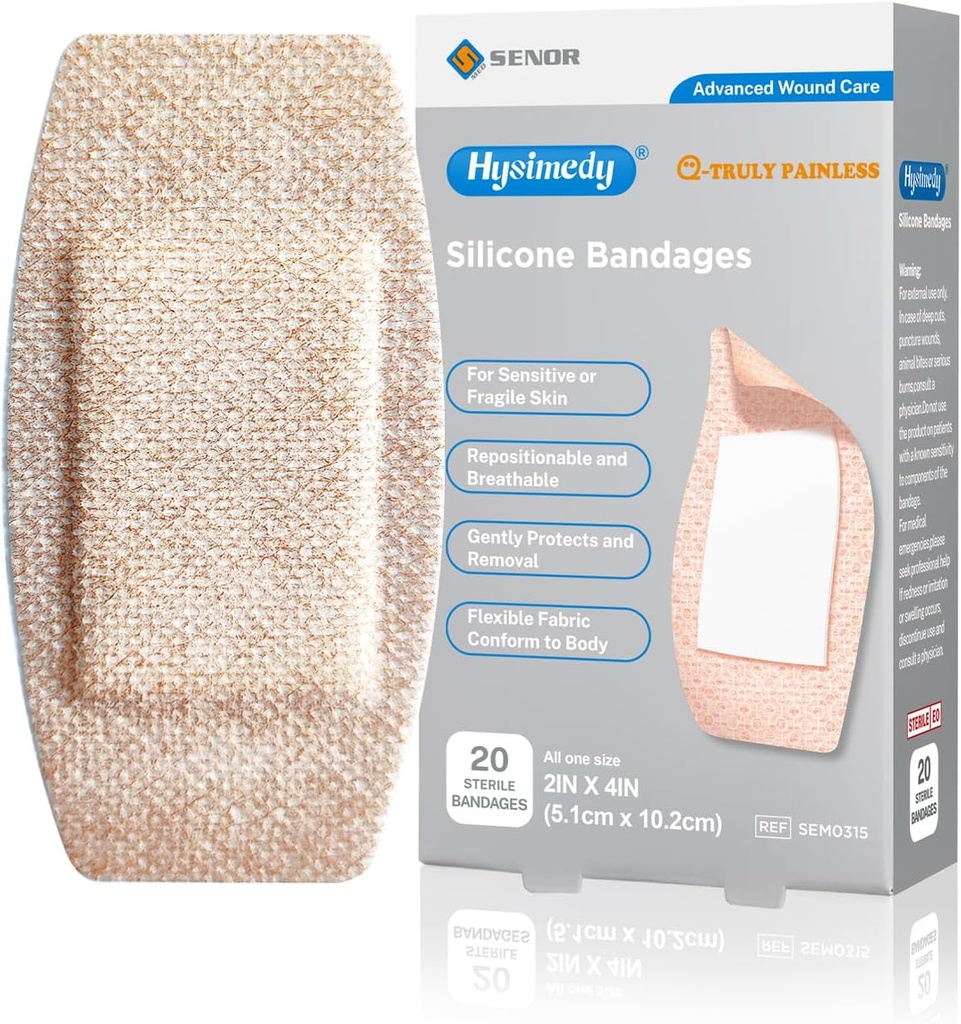 Silikonski lepilni pasovi velike velikosti za občutljivo krhko kožo 2"x4" 20 Count Fleksibilne tkanine Latex Free Hypoallergene XL Bandages for Adhesive Alergy Rane