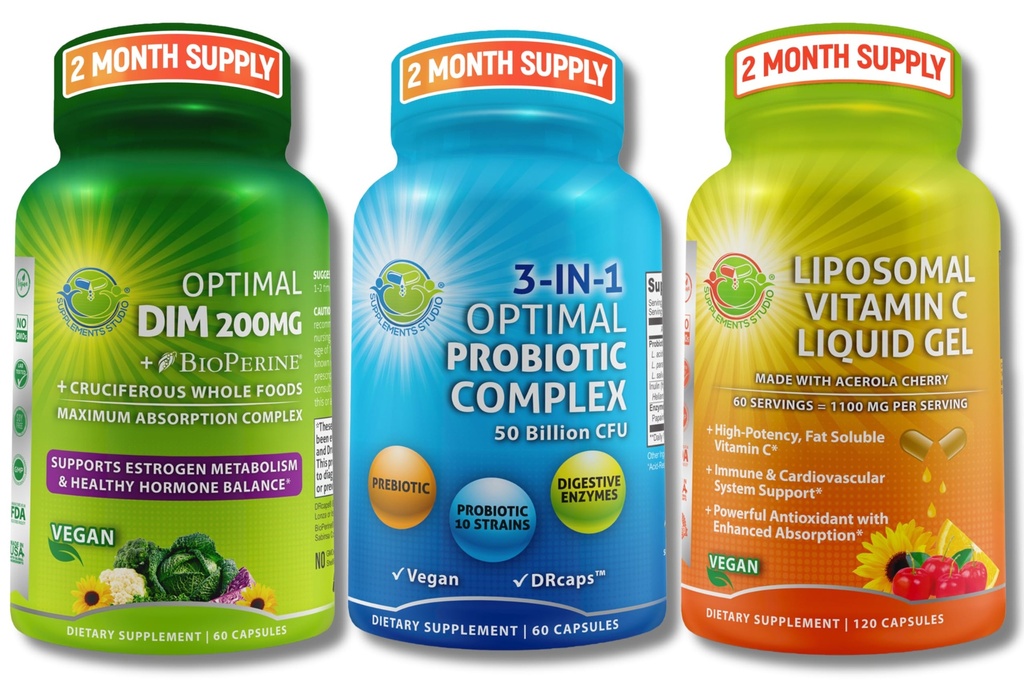 Hormonski, prebavni in imunosupresivni paket - DIM 200mg z BioPerine® & Crucile Cela živila + Vegan 3-v-1 Probiotik 50 milijard CFU + liposomski vitamin C 1100mg z Acerola Cherry - brez polnil