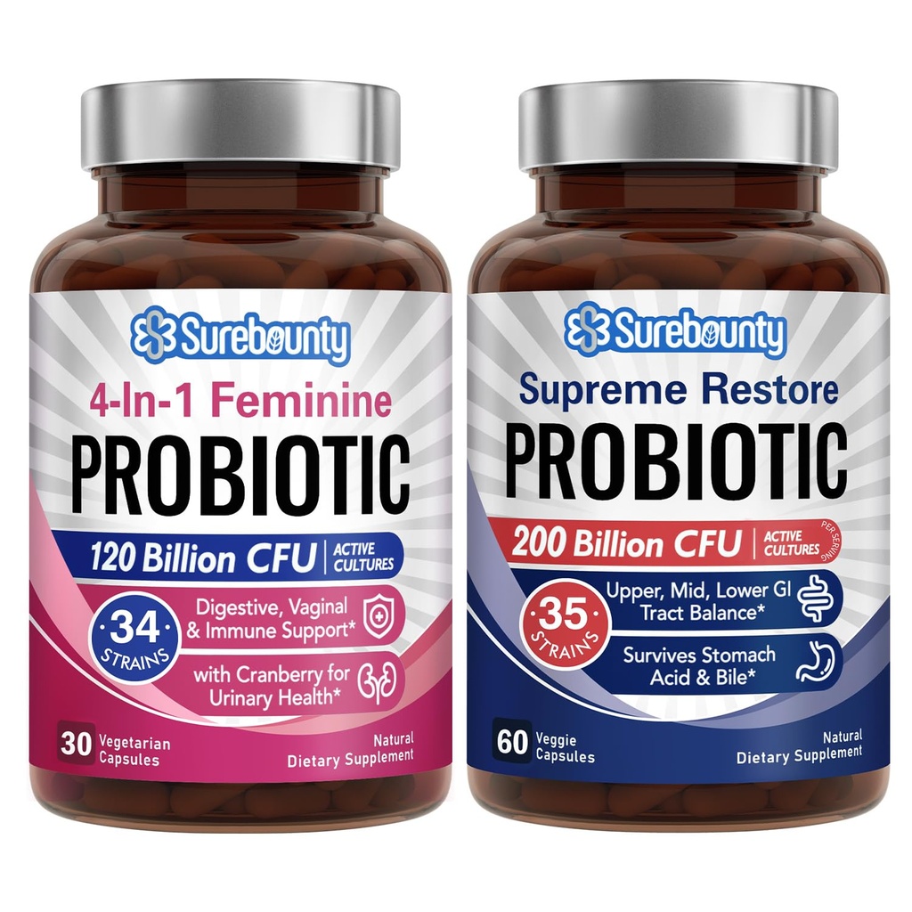 Probiotični paket, 4-v-1 femininski probiotik (30ct) & vrhovna resorija probiotik (60ct), 2 paketa, brusnična vaginalna podpora, GI Tract Balance, Vegan, Ne-Dairy