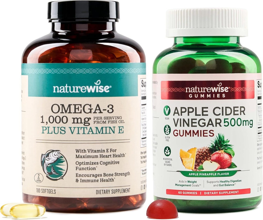 NatureWise Omega-3 ribje olje 1000mg z E 180-Count+ Jabolčni vinski kis 500mg z B12, 60-Count (Vegan Gummy) - paket za srce, oči, prebavnega zdravja - Gluten prost, soja-free, Non-GMO