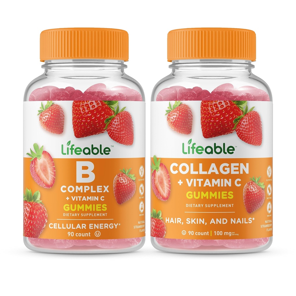 Življenjski B Complex + Kolagen & Vitamin C, Gummies Bundle - odličen okus, Vitamin dopolnilo, Gluten brezplačno, GSO brezplačno, Žvečljivi Gummy