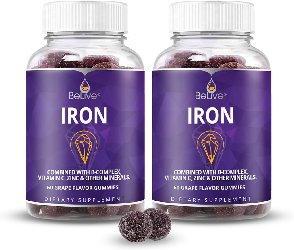 BeLive Iron Gummies - Multivitaminski železov dodatek z vitaminom C, A, B & cink, podpira kisik v krvi, Veganske dodatke za ženske, moške in otroke za rast in razvoj - grozdni okus 2-Pack