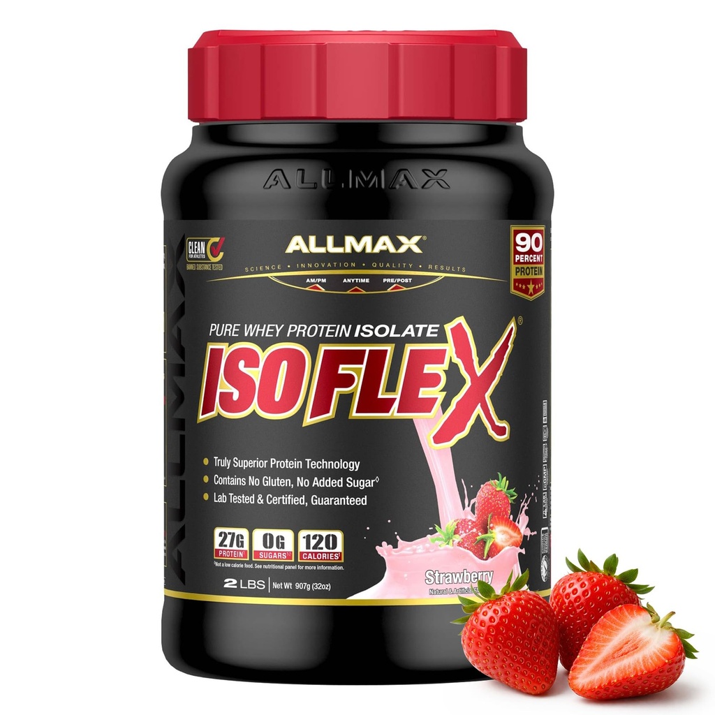 ALLMAX Nutrition ISOFLEX Izolat sirotkinih beljakovin, jagode - 2 lb - 27 gramov beljakovin na Scoop - nič maščob in sladkorja - 99% brez laktoze - brez glutena in soje - približno 30 obrokov
