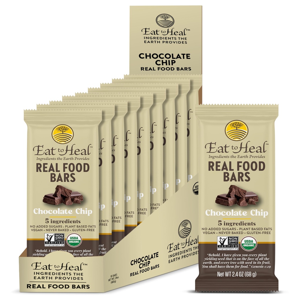 EatTo Heal Chocolate Chip Real Food Bar - Organski Vegan Brez glutena Beljakovinske čokoladice - Nizki sladkor obrok nadomestek Bar, Ne GSO, Nikoli Pečena, Rastlinski temelji - Obdelani, da uživajo, Ne sedite na police