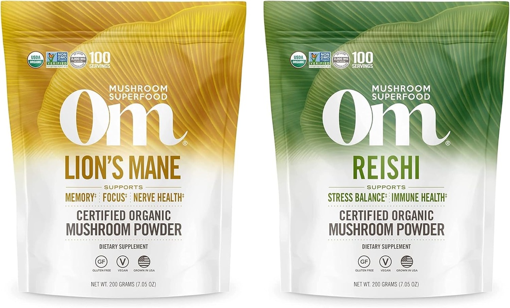 OM MUSHROOM SUPERFOOD 7.05oz Bundle, Lion's Mane & Reishi Organske gobe v prahu, 200 Servisi