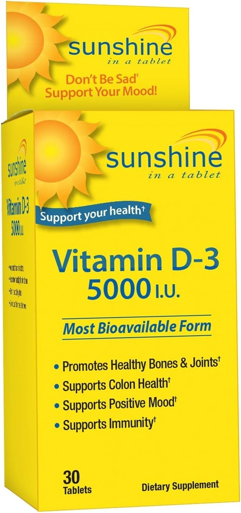 Sunshine Vitamin D-3 5.000 i.e., Zdrave in močne kosti, 30 odmerkov