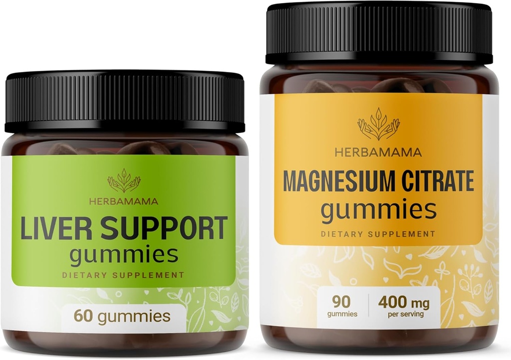 HERBAMA jetrna podpora kompleks in magnezijev komplet - paket jetrna podpora zeliščni kompleks & 400 mg magnezijev citrat Gumies - Vegan, ne-GMO, želatina-free - 2 paket