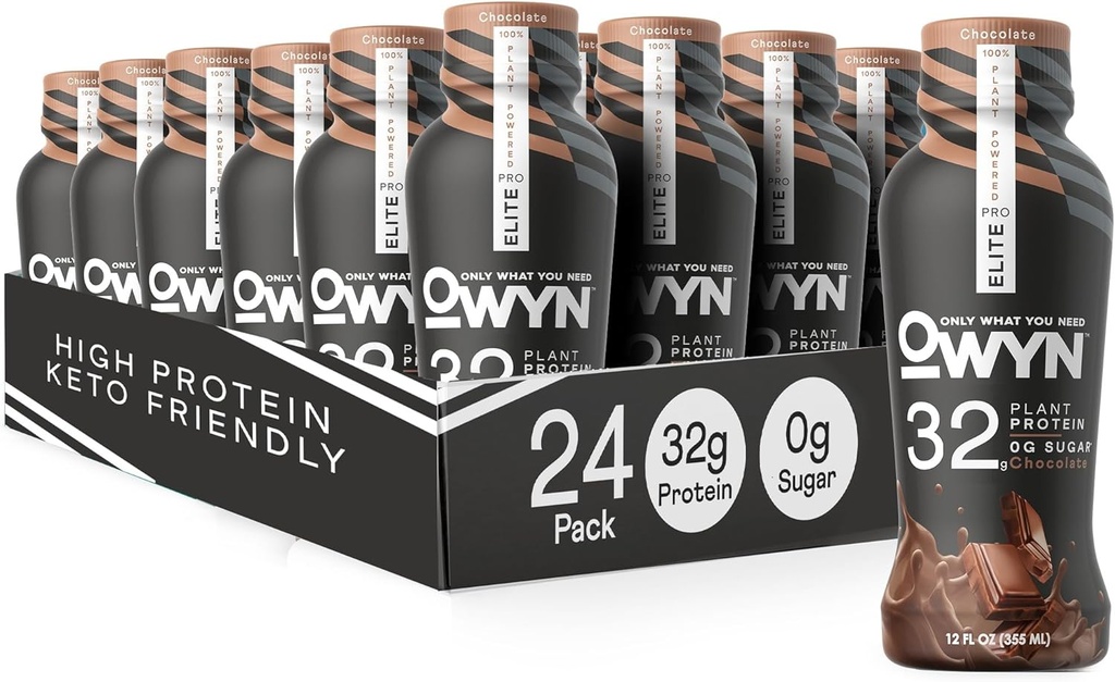 OWYN samo kaj potrebujete Pro Elite Vegan High Protein Keto Shake, 32g Beljakovine, 9 Aminokisline, Omega-3, Prebiotiki, Vadba in regeneracija, 0g neto ogljikovih hidratov, nič sladkorja (Chocolate, 12 Fl Oz (Pack of 24)