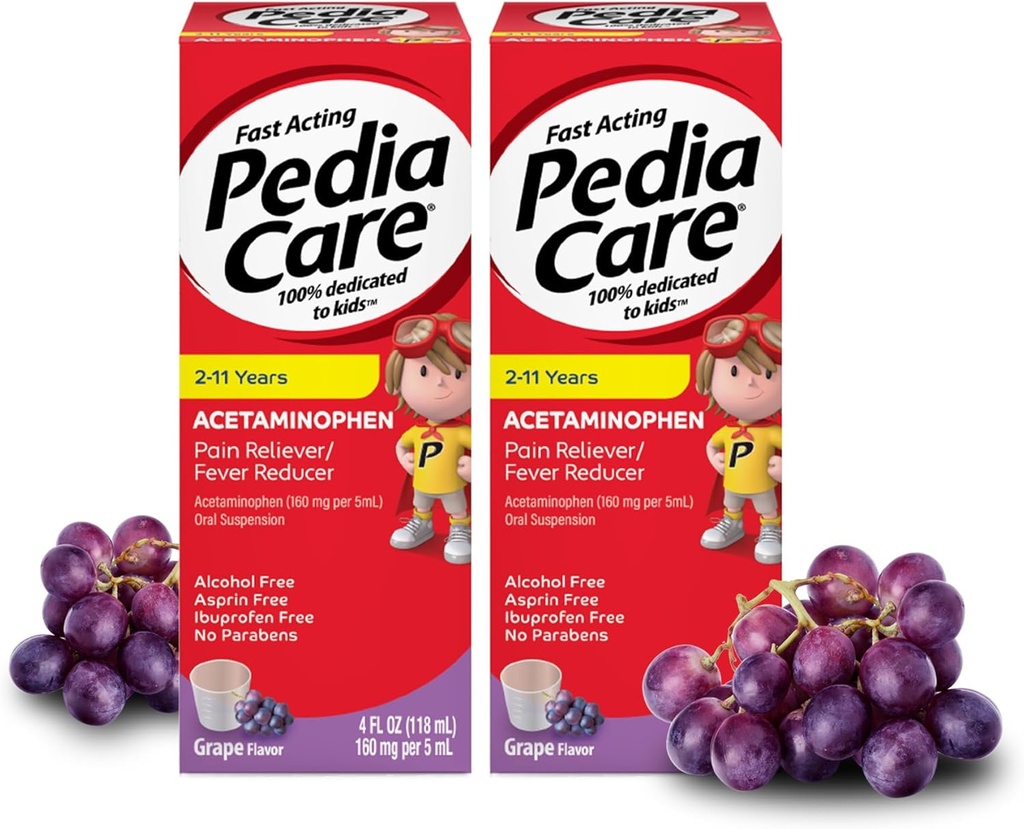 Hitro delujoča otroška bolečina Reliever/Kids Fever Reducer z Acetamofen peroralna suspenzija, starost 2-11, Nič alkohola ali Aspirin ali Ibuprofen, grozdna aroma, 4 fl oz (2 paket)
