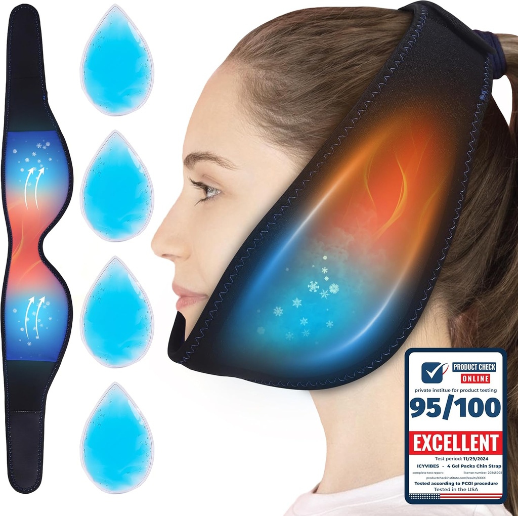 Premium 4 Gel paketi Chin Strap Fleksibilne vroče in hladno - led paketi za modrost Zobje Refreezable glavo vratu tok zraka Jaw Bra Bra lahko ponovno uporabo paket za spanje TMJ lajšanje in upravljanje bolečine darilo