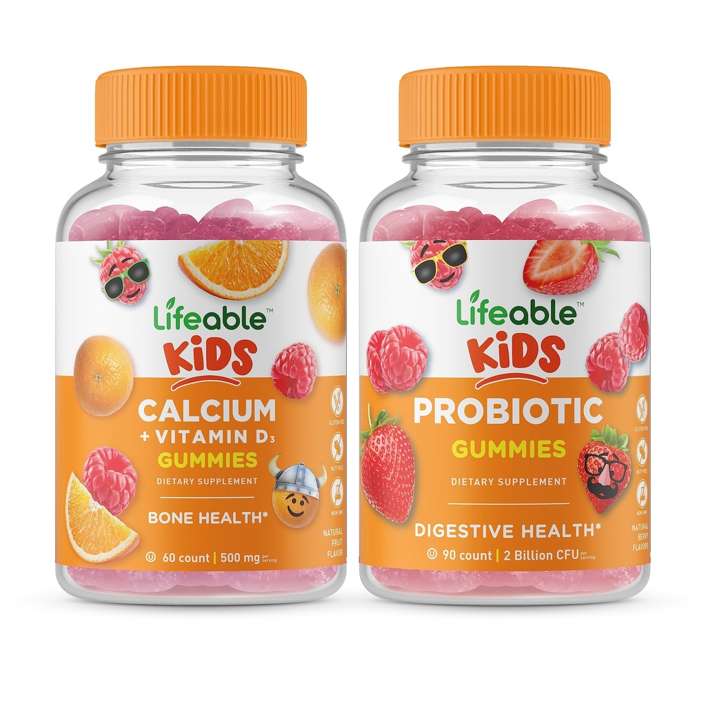 Življenjski kalcij z vitaminom D Otroci + probiotik 2 milijarda CFU otroci, Gummies Bundle - odličen okus, Vitamin dodatek, Gluten brezplačno, GSO brezplačno, Žvečljivi gumi