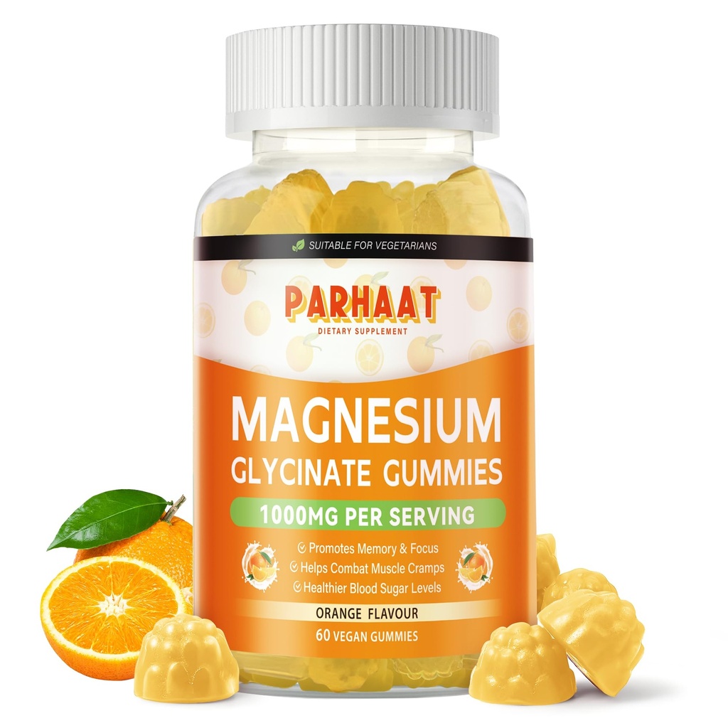 Magnezij Glycinate Gumies 1000mg - Brez sladkorja Magnezij Kalij dodatek z vitaminom D, B6, CoQ10 za mirno Mood in podporo za spanje - 60 Orange Gumies