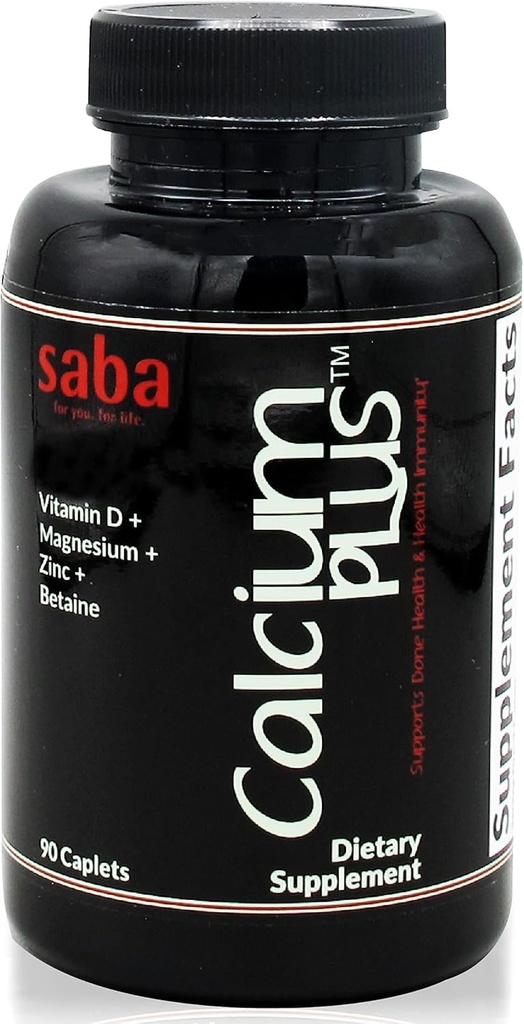 Saba Calcium Plus - kostna moč - kalcij, magnezij, kalij, vitamin D, cink, betain - GSO, soja, gluten brez sestavin - celotna prehranska dopolnila za zdravje kosti, imuno - 90 Kapleti