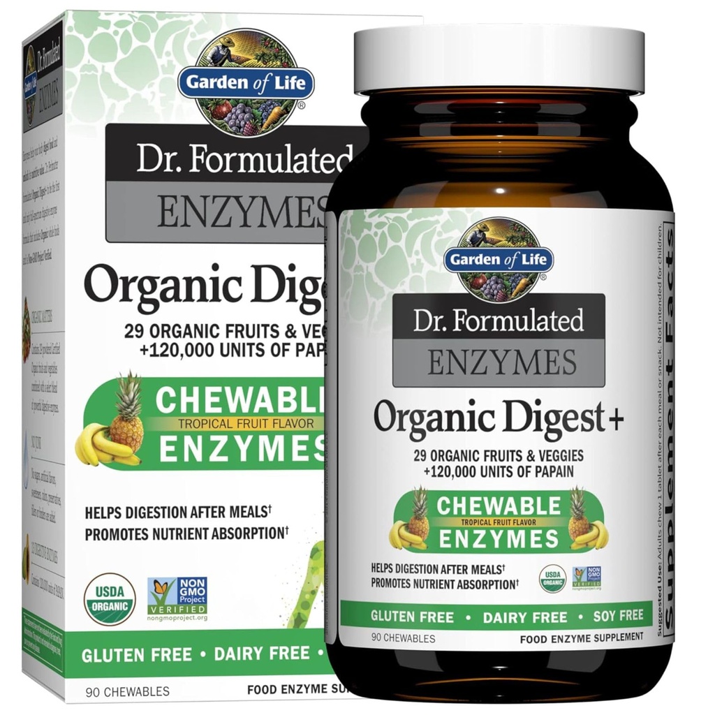 Vrt življenja Prebavni encimi s papainom, bromelainom in lipazo za absorpcijo hranil in podporo prebavljivosti, tropski sadni okus, prehranski dodatek, Certified Vegan, 90 Žvečilni izdelki