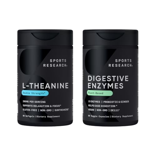 Športne raziskave Dvojna moč L-Theanine dodatek Suntheanine softgels za fokus, Sprostitev & Pozornost s kokosovim oljem 60 Število in prebavne encime + Probiotiki & Ginger rastlin na osnovi 90 Število