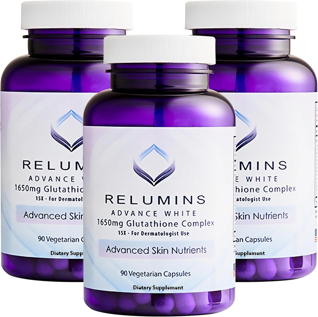 Relumini L-glutatione Complex 1650mg - Antioksidant Podpora z alfa lipojska kislina, NAC, L-metionin, Vitamin E, Skin Health Supplement, Izdelano v ZDA - 90 Vegetarijanske kapsule x 3 steklenice