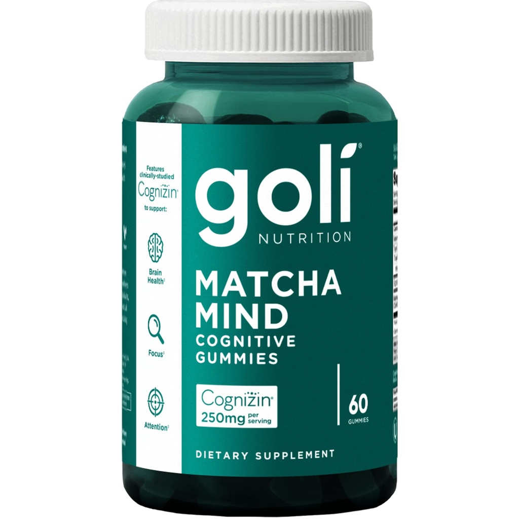 Goli Matcha Mind Gummies - 60 Count - zeleni čaj Leaves Powder s Cognizin za fokus, pozornost in zdravje možganov, Vegan, Non-GMO, Gluten-free & želatina brezplačno.