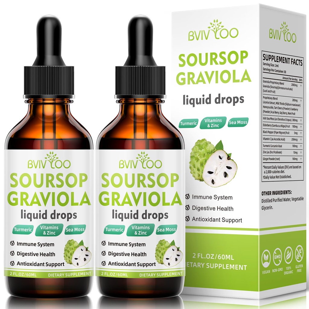 2 Pack Soursop Graviola tekoče kapljice - 2000mg Pure Soursop Extract Pomešana s 300mg Morje Moss & 100mg Elderberry - močna podpora celic, antioksidant-Rich, Imuno-Boosting - 4 Fl Oz (120ml) steklenica