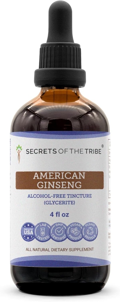Skrivnosti ameriškega izvlečka ginsenga tinkture brez alkohola, gojišča ameriškega ginsenga (Panax Quinquefolius) posušenega korena (4 FL OZ)