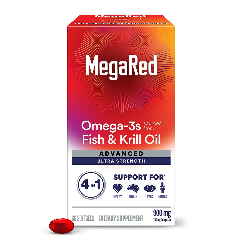 Megared Omega-3 Fish & Krill Oil Supplement 900mg - MegaRed Advanced 4in1, 60 softgels, 2x Več Omega-3, Srce, Skupni, Možgani in oči dodatek, Rdeča, 60 Count