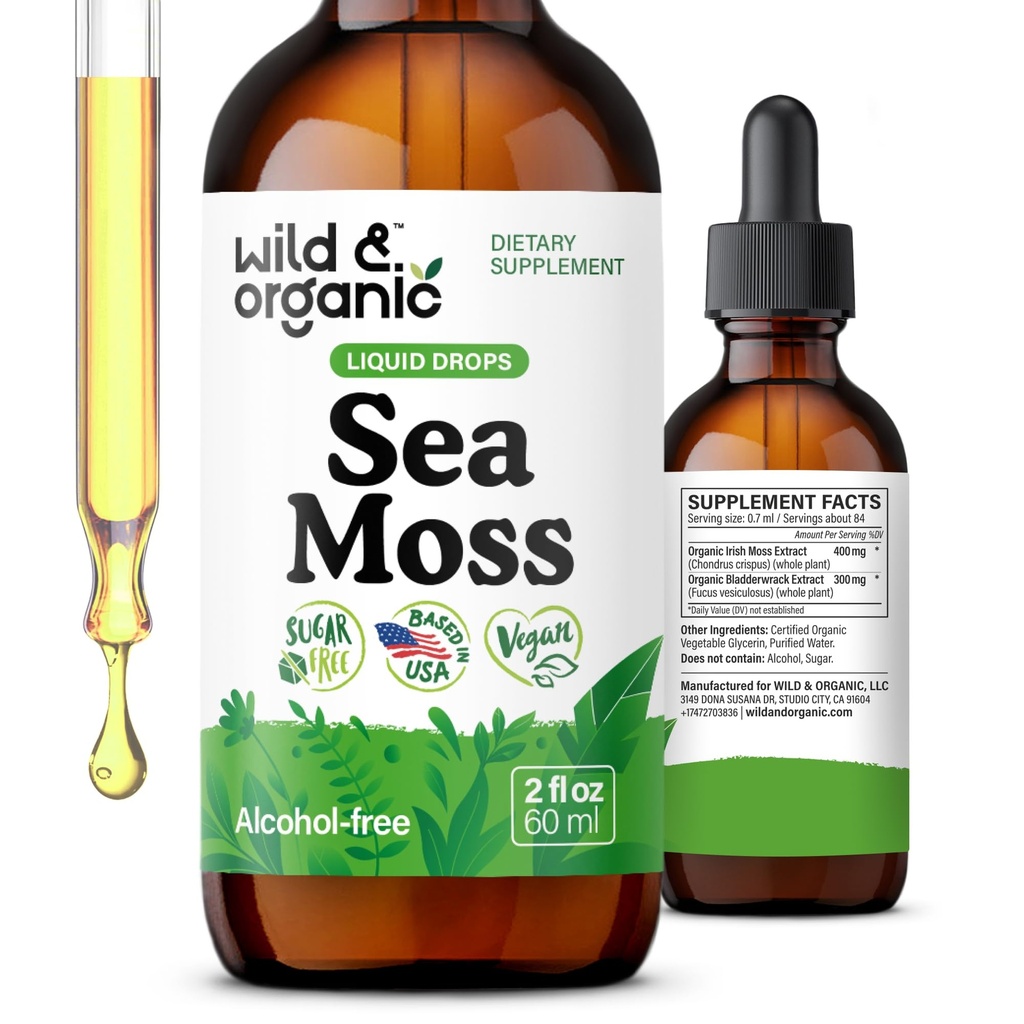 Tekoče kapljice divjega in organskega morskega maha - Irish Sea Moss and Bladderwrack Tinkture - Multimineral Chondrus Crispus dodatek - Vegan, Sugar & Alkohol - 2 fl oz