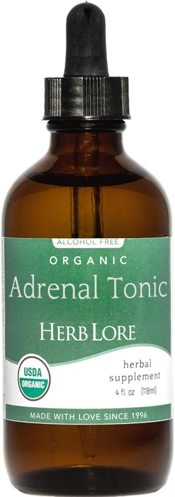 Herb Lore Organic Adrenal Tonic Tincture - Herbal Adrenal Support Supplement - Adaptogene kapljice z Ashwagandha, Rhodiola & Eleuthero - Brez alkohola - 4 Fl Oz
