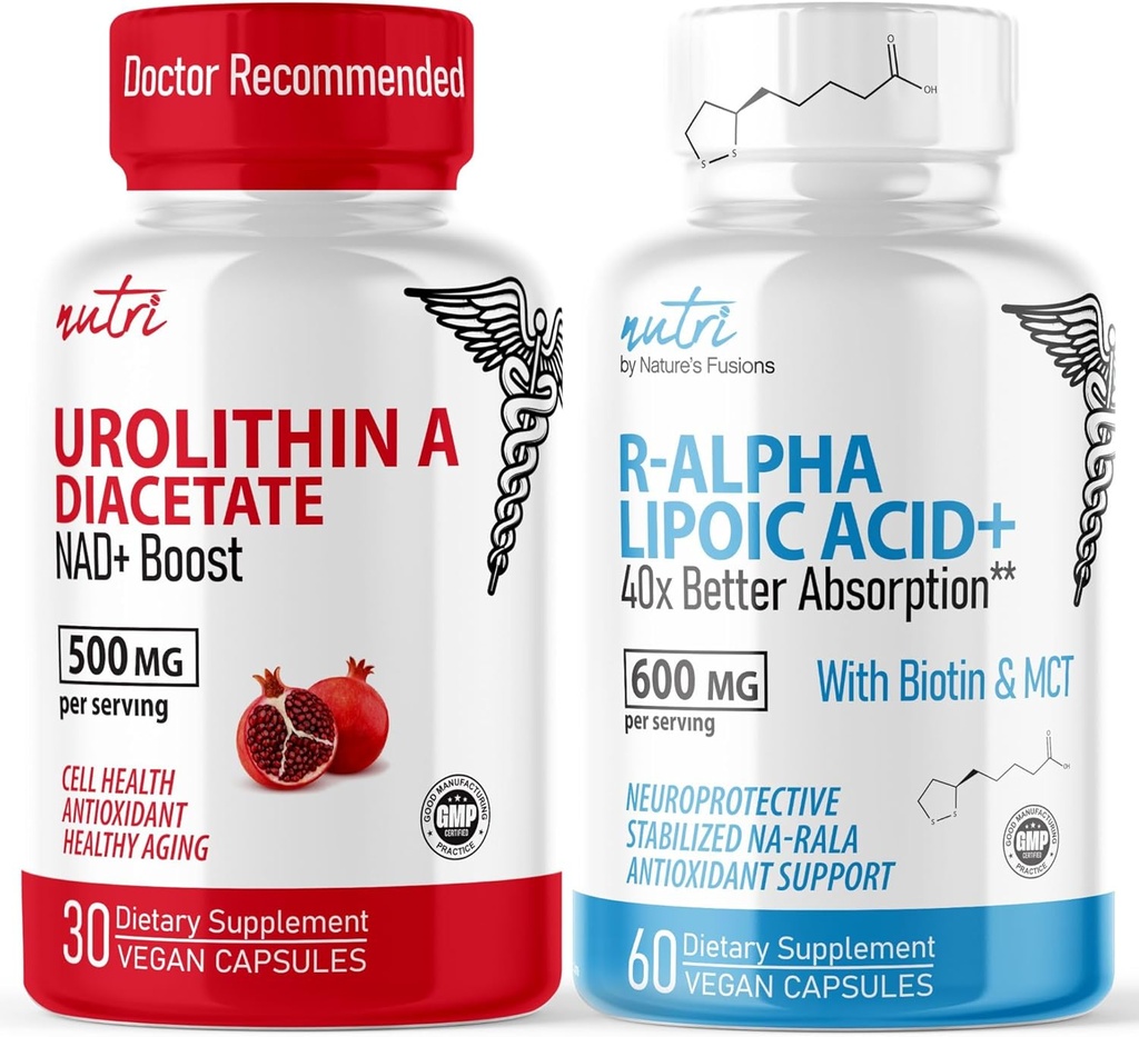 Naravne fuzije Urolitin Diacetat 500mg & R Alfa Lipoična kislina 600mg (60 kapsul) - Antioksidant/Energetska mešanica