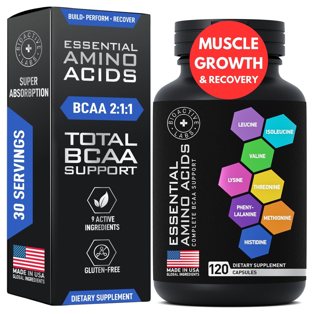 Esencialne aminokisline Dopolnilo za ženske in moške - Vegan BCAA Aminokisline kompleks za rast mišic z vsemi 9 BCAA Essential Aminos - Napredna delovna moč in regeneracija Formula - 120 EAA BCAA tablete