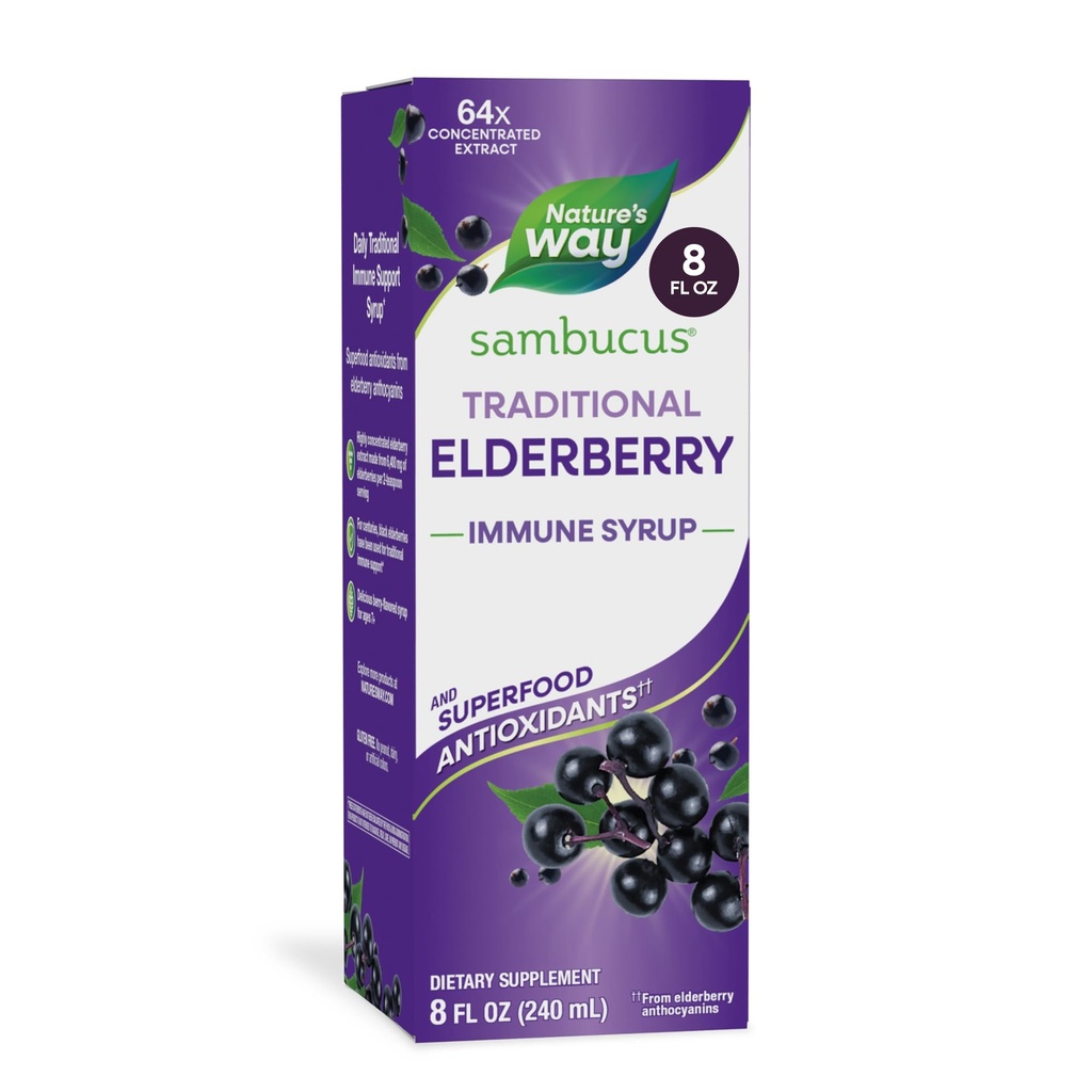Naravne poti Sambucus Elderberry Tradicionalni Immune Sirup, Visoko koncentrirani izvleček črnega jagodičja, tradicionalna podpora imunske*, okusno jagode, 8 Fl Oz (Packaging May Vary)