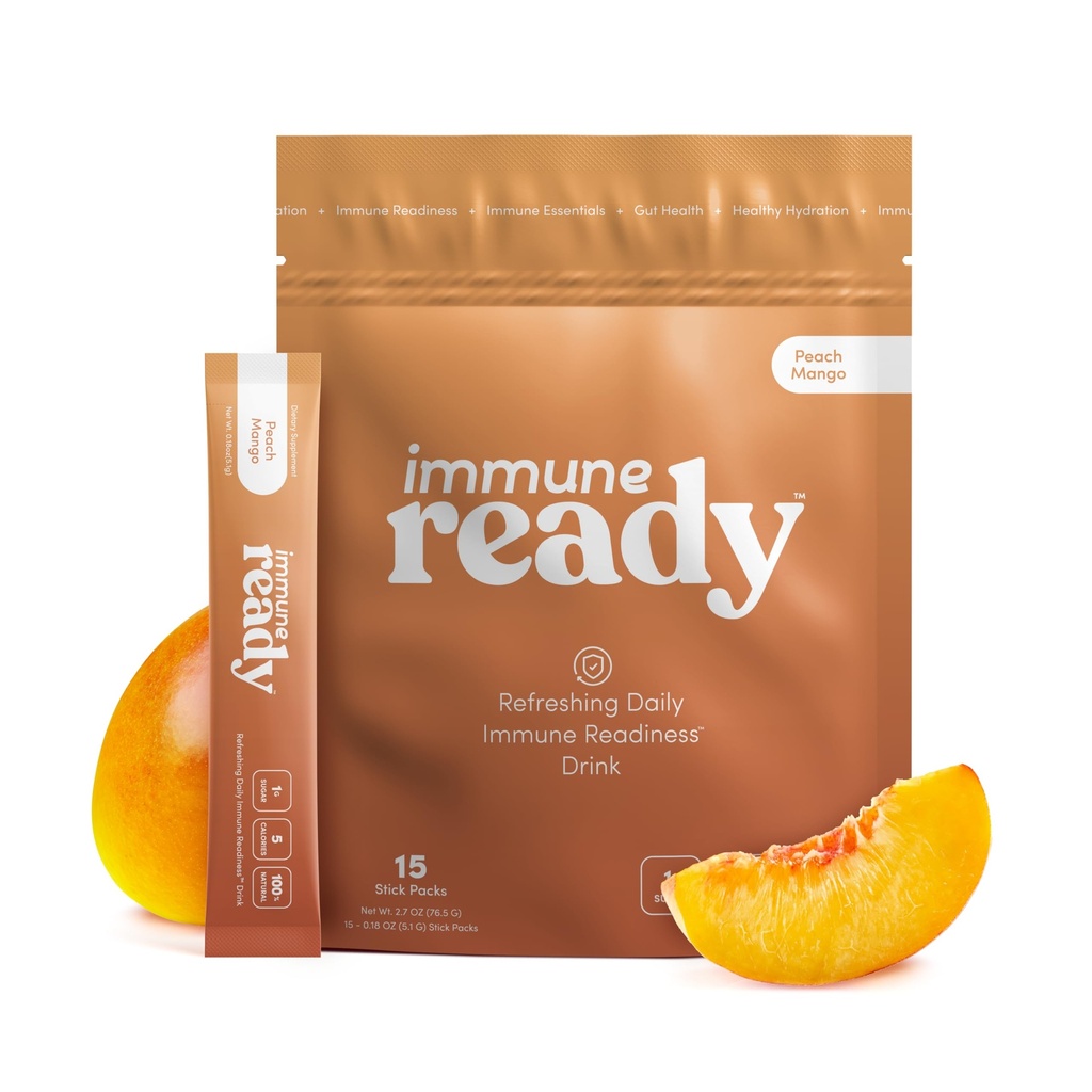 Imuno ReadyTM Elektroliti Powder Packets – Immunity Boost Drink Mešamo z vitaminom C, cinkovim pikolinatom, inulinskim praškom in beta glukanom – brez sladkorja Peach-Mango, 15 Strežnikov