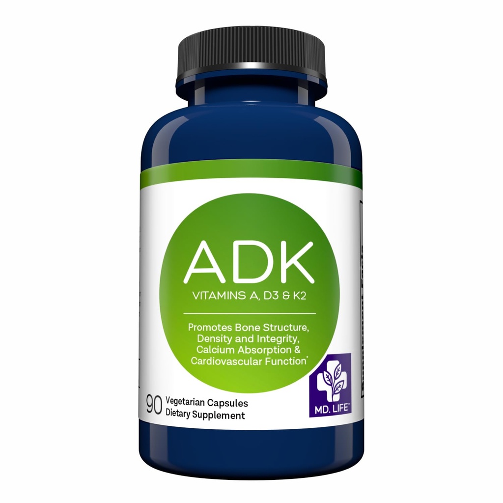 MD.LIFE ADK dodatek vitamina – Vitamin D3 K2 in A kompleks – 120 Kapsule – Visoka jakost Vitamin ADK za zdravje kosti in srca
