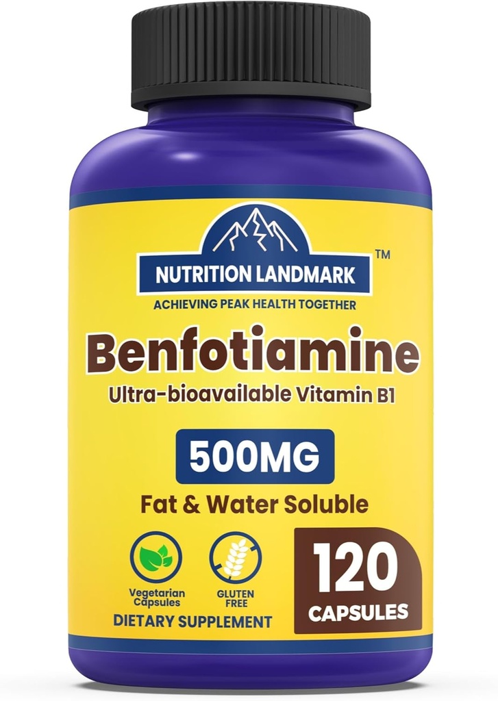 Benfotiamin 500mg na serviranje, 120 Veggie kapsule (250mg na kapico) – Topen vitamin B1 Tiamin dodatek – 3. stranka Tested, Vegan, Ne-GMO, Gluten brez
