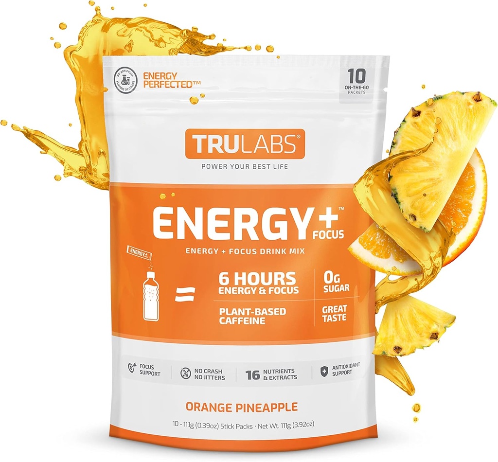 TRULABS vzdržljivost, energija + fokus, mešanica v prahu, pomarančni ananas (10ct)